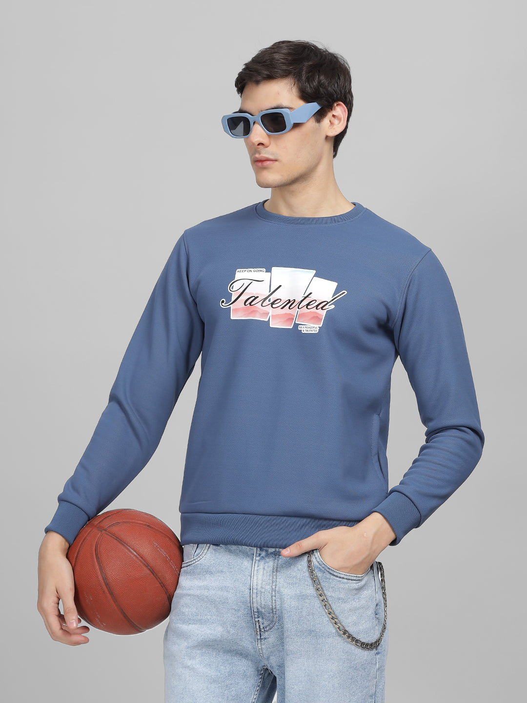 Men's Denim Blue Printed Round Neck Sweatshirt