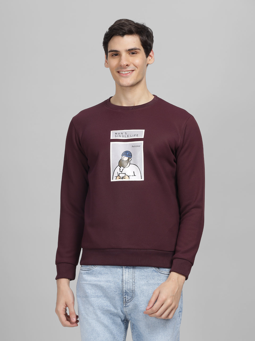 Men's Wine Printed Round Neck Sweatshirt