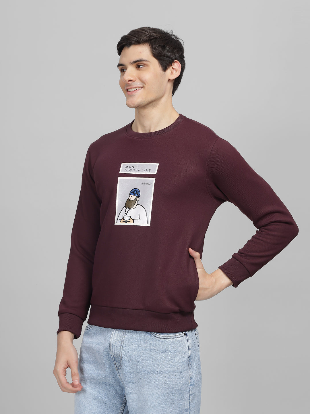 Men's Wine Printed Round Neck Sweatshirt