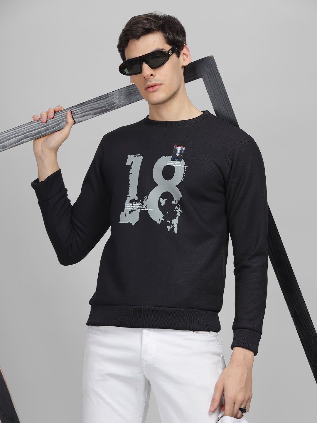 Men's Black Printed Round Neck Sweatshirt
