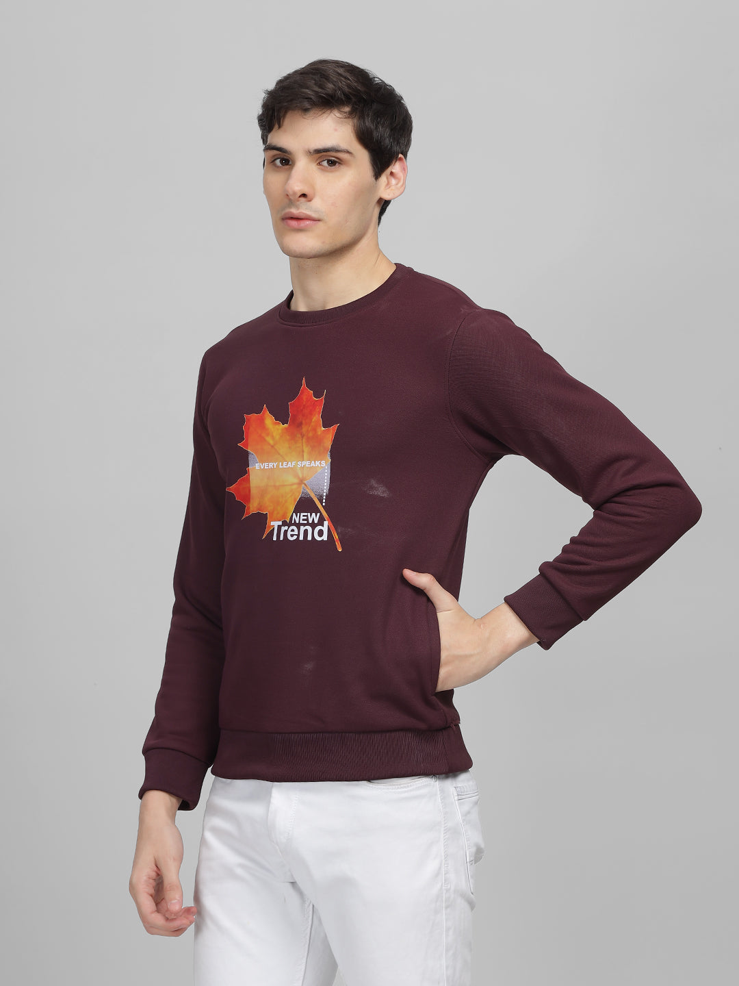 Men's Wine Printed Round Neck Sweatshirt