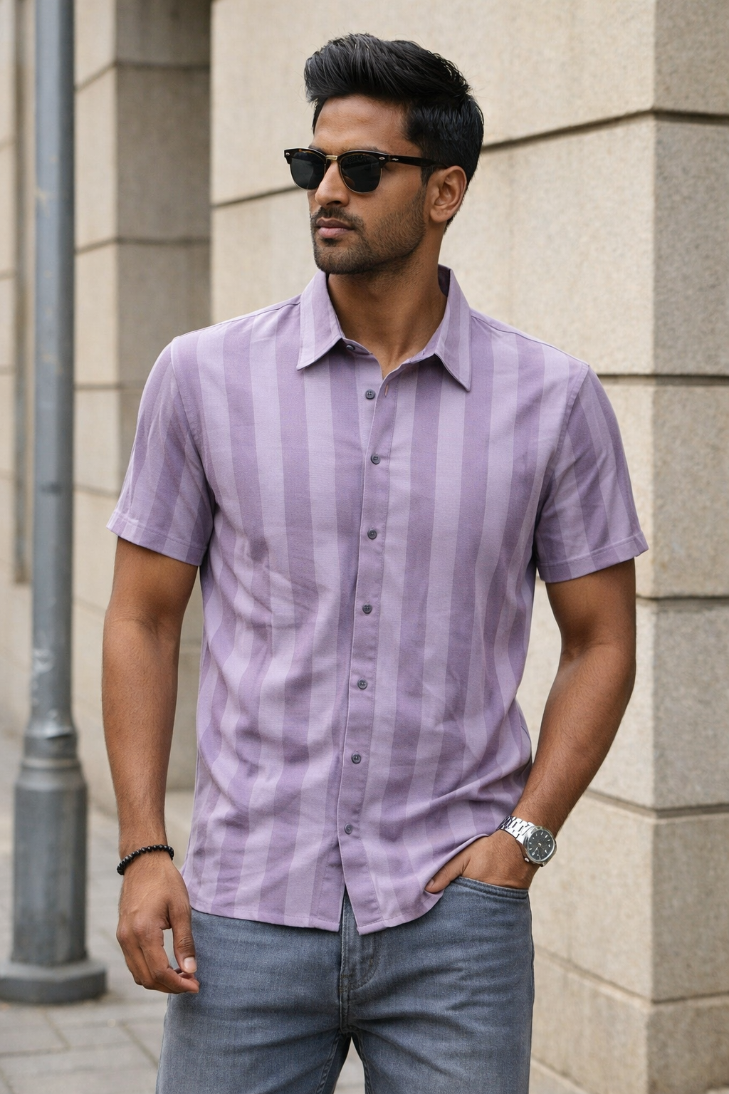 Men's Lavender Self Design Shirt With Collar