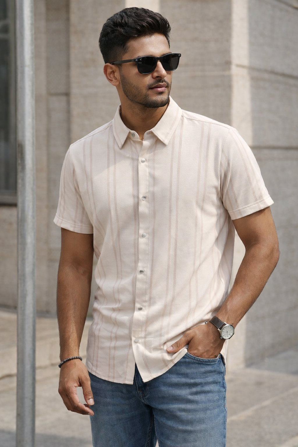 Men's Beige Self Design Shirt With Collar