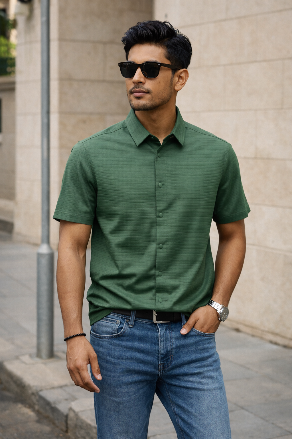 Men's Green Self Design Shirt With Collar