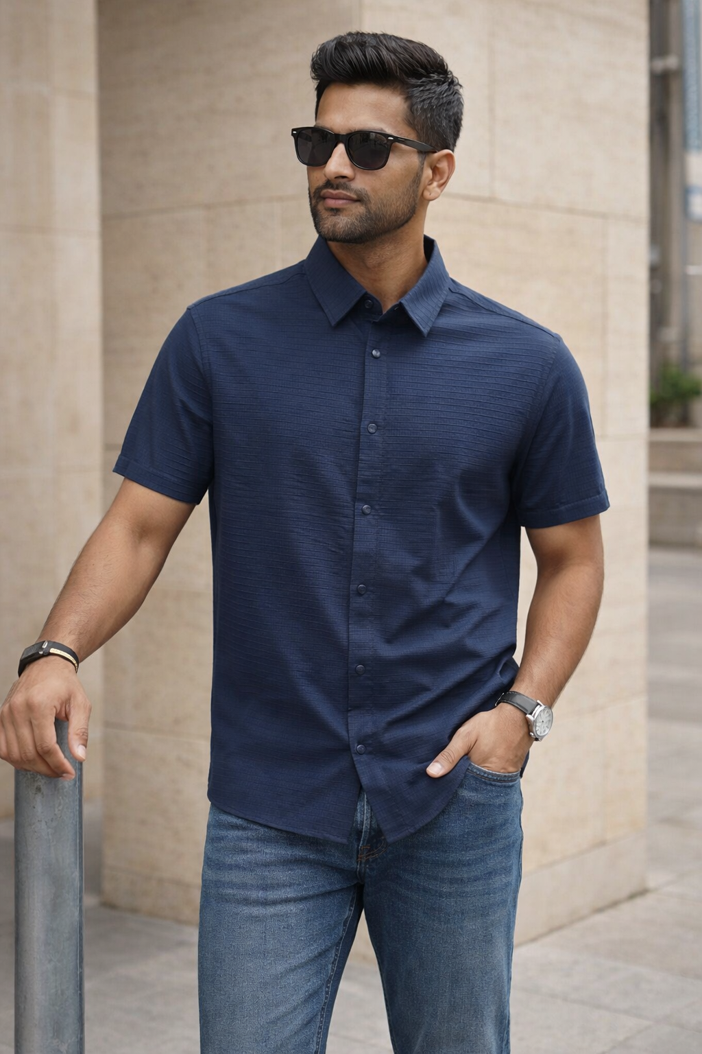 Men's Navy Self Design Shirt With Collar