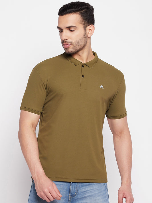 Men's Olive Printed Polo Neck T-Shirt