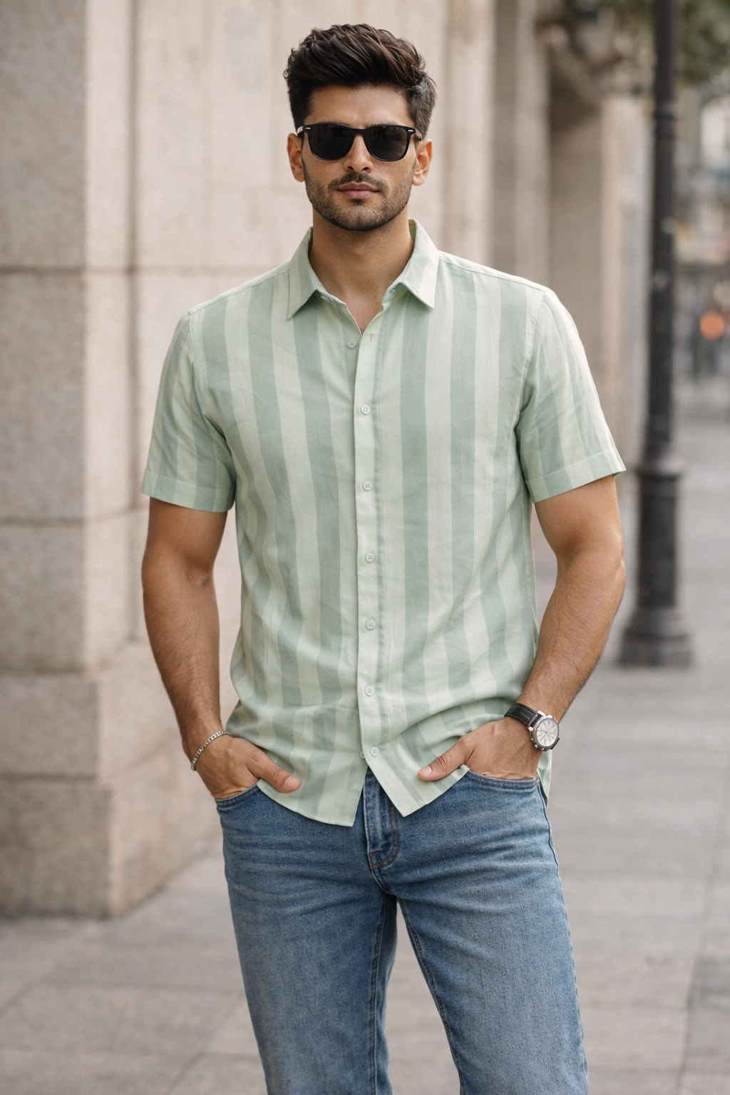 Men's Green Self Design Shirt With Collar