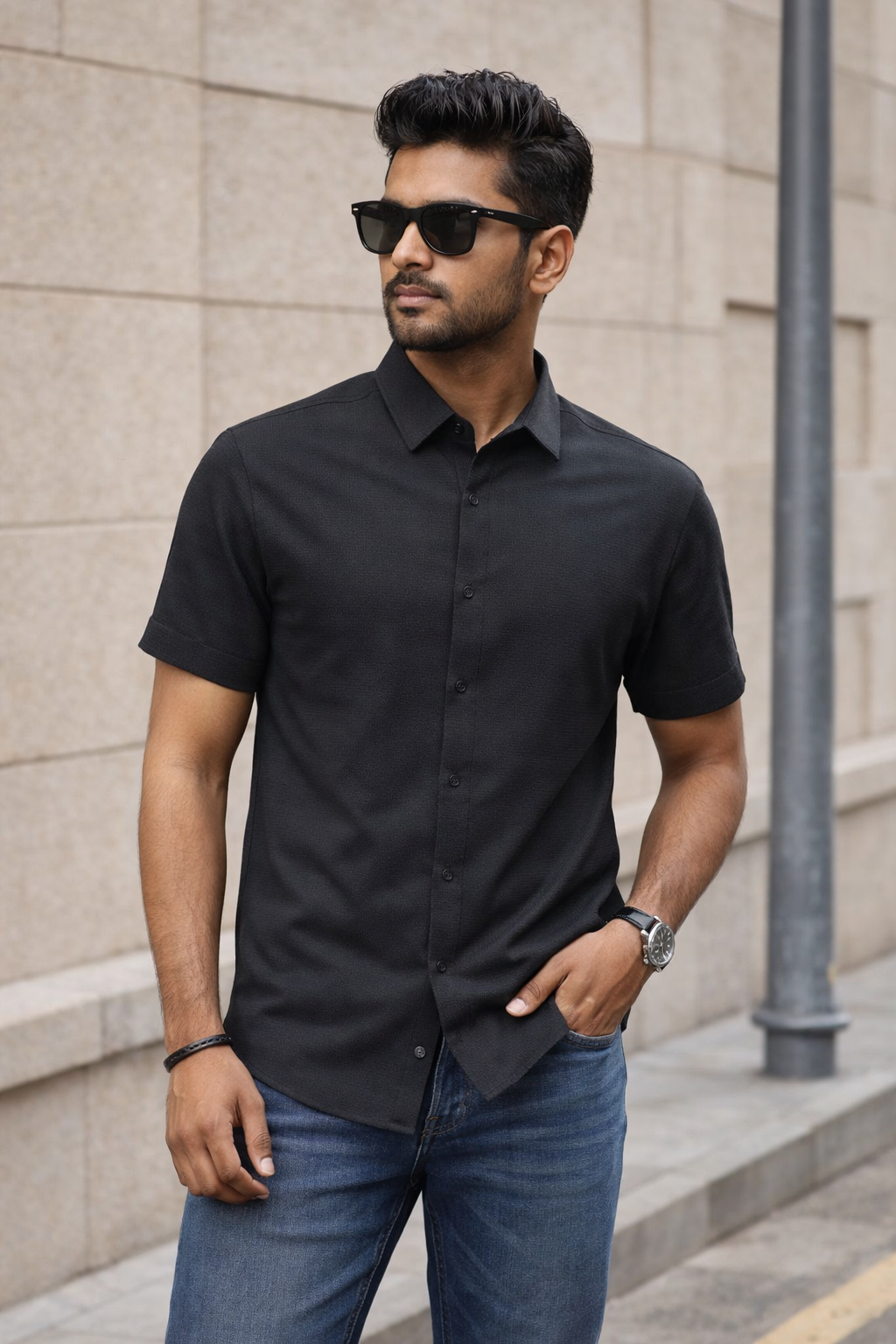 Men's Black Self Design Shirt With Collar