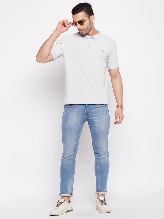 Men's Light Grey Printed Polo Neck T-Shirt