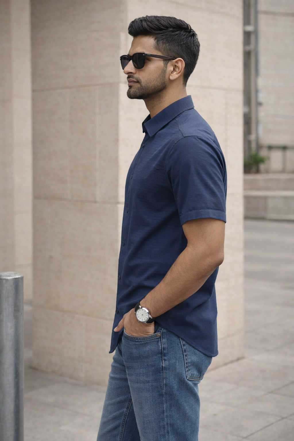Men's Navy Self Design Shirt With Collar