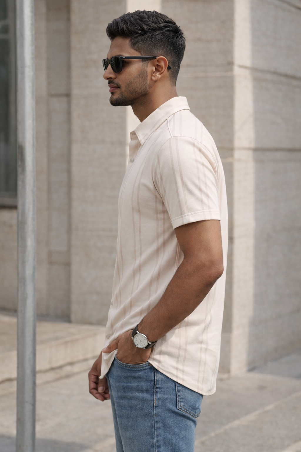 Men's Beige Self Design Shirt With Collar