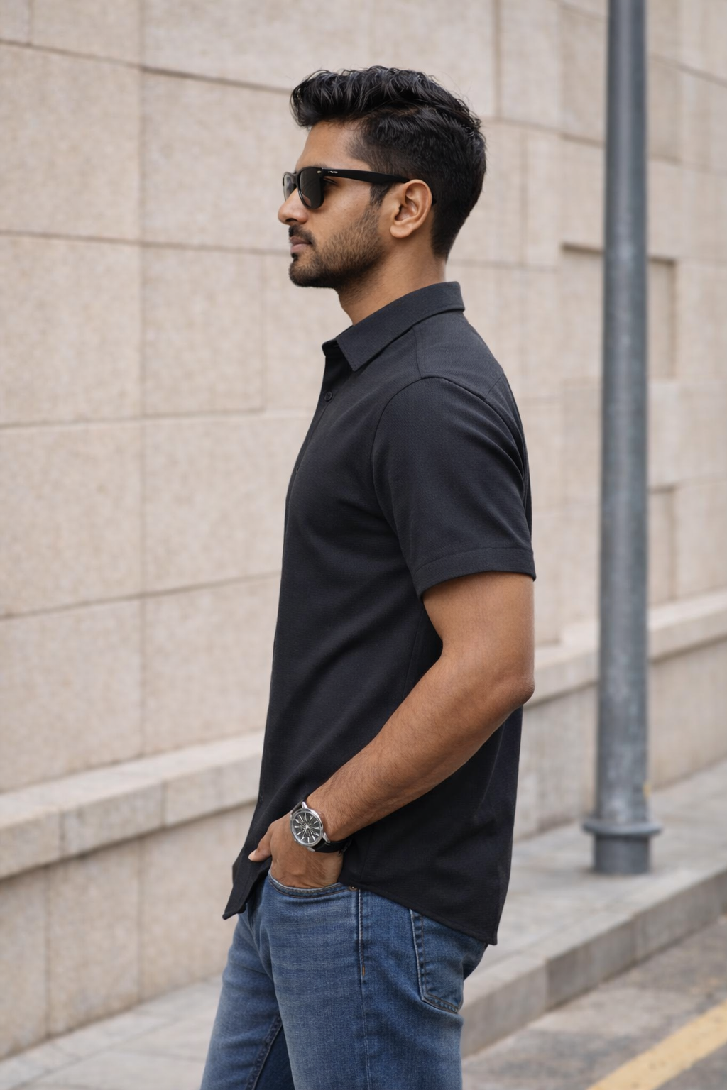 Men's Black Self Design Shirt With Collar