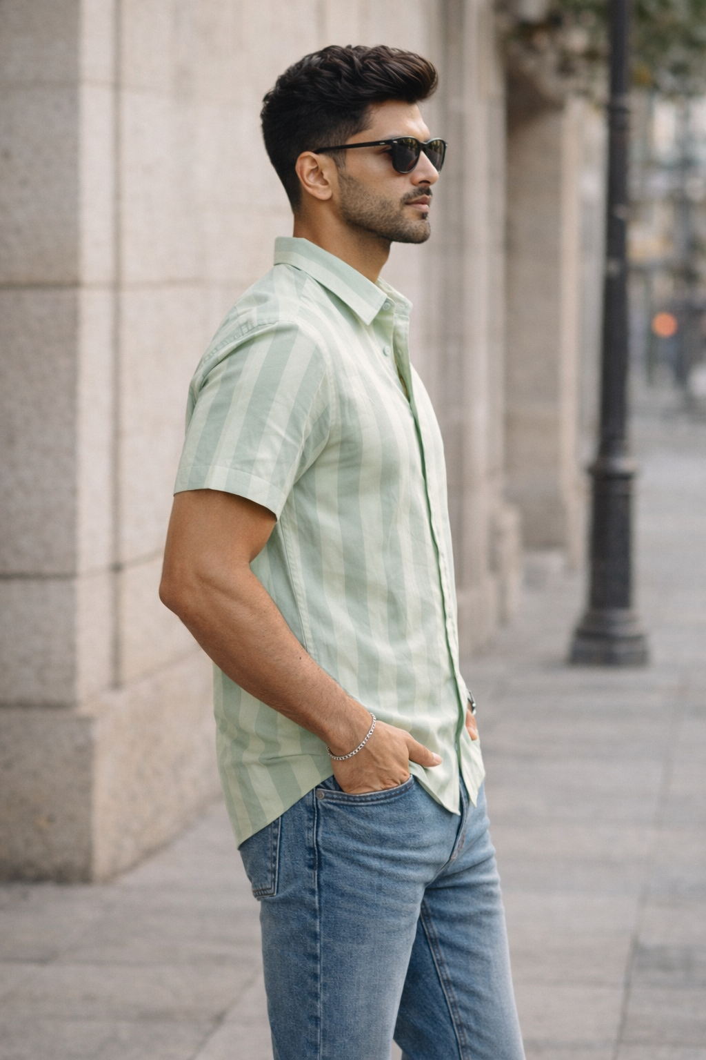 Men's Green Self Design Shirt With Collar