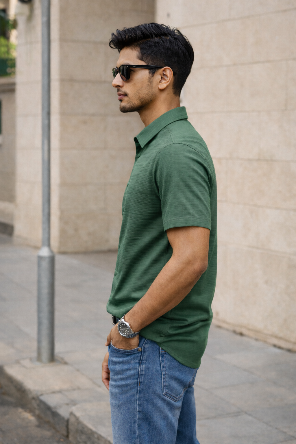 Men's Green Self Design Shirt With Collar