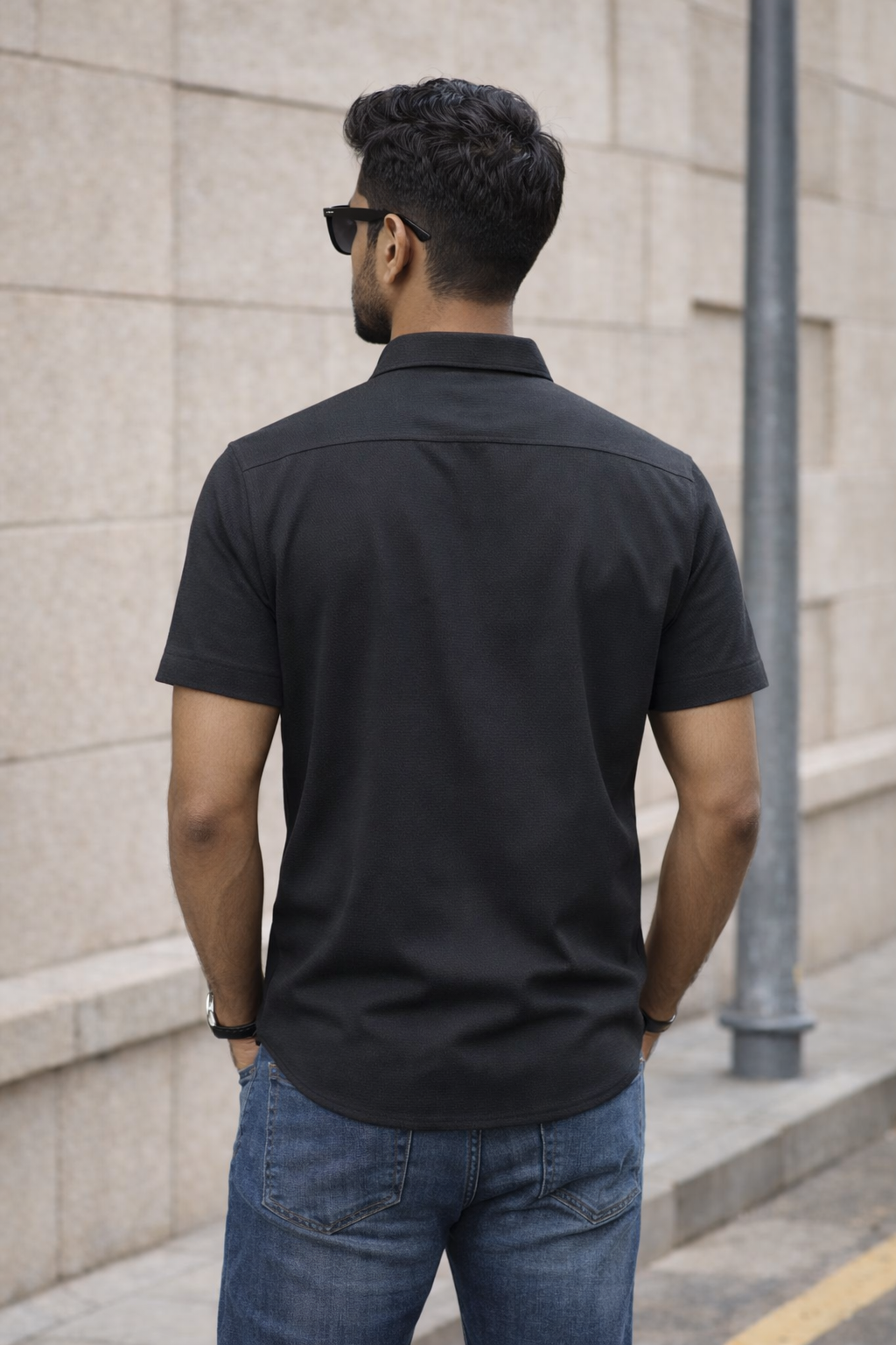 Men's Black Self Design Shirt With Collar