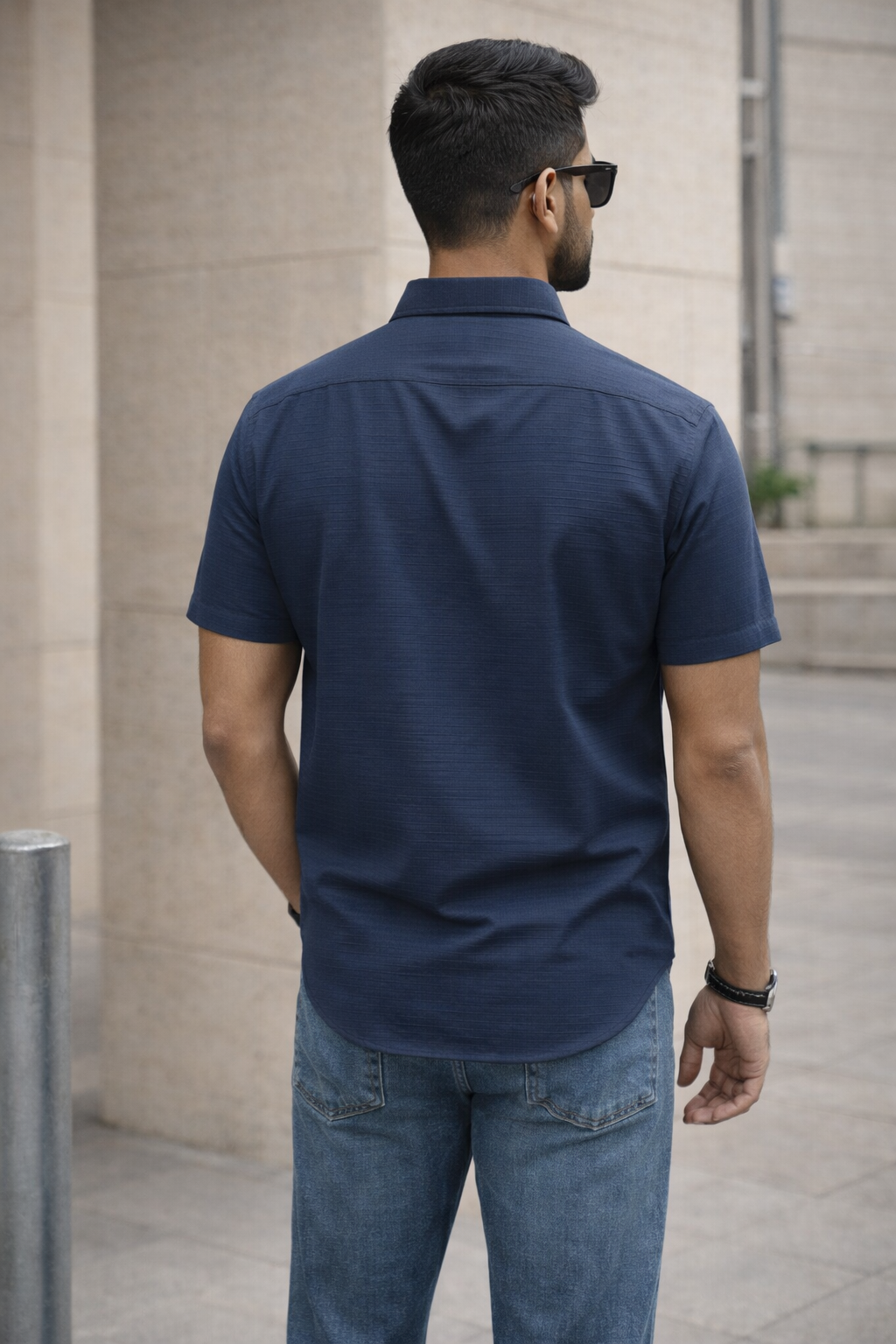 Men's Navy Self Design Shirt With Collar