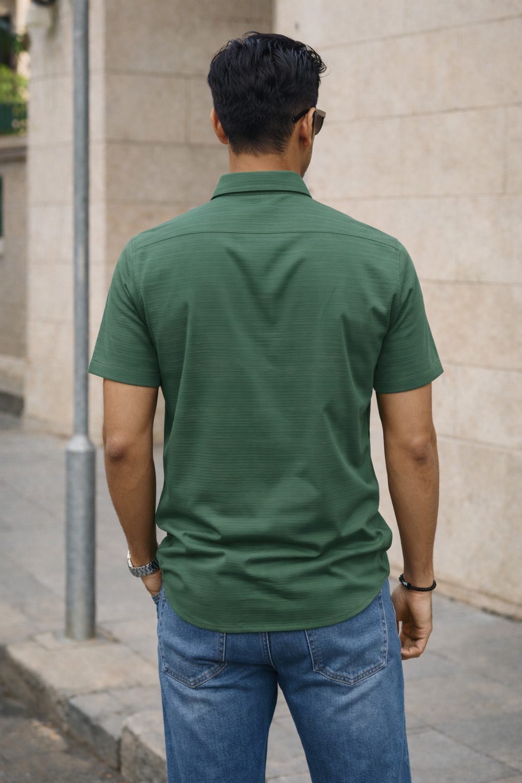 Men's Green Self Design Shirt With Collar