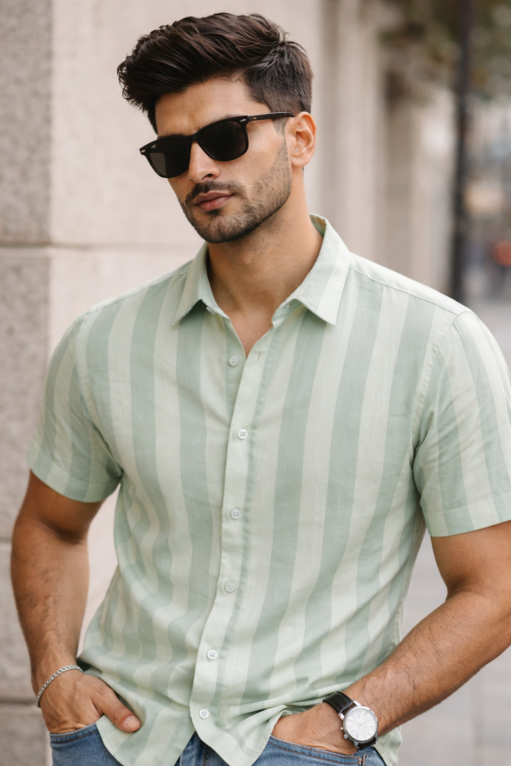 Men's Green Self Design Shirt With Collar
