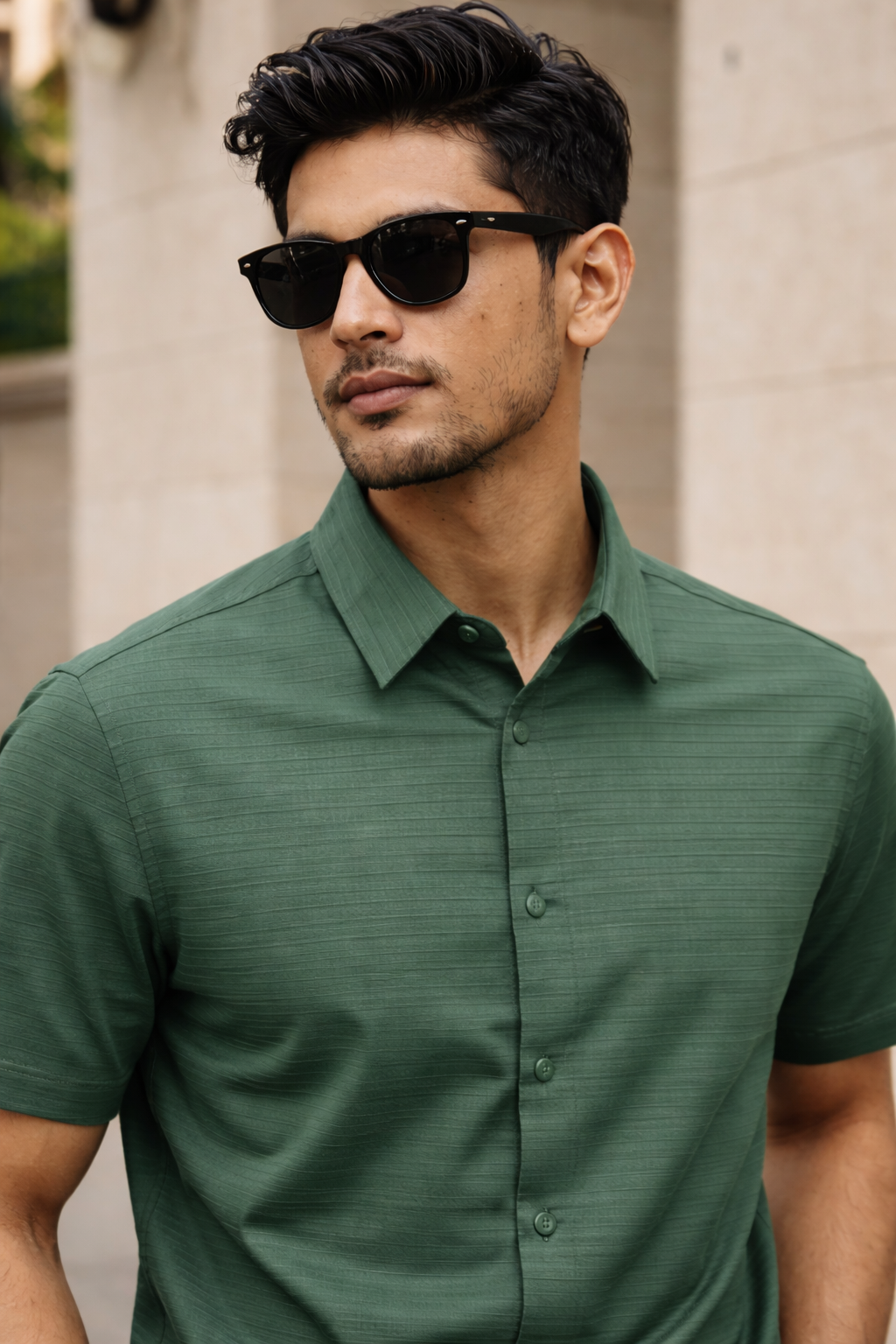 Men's Green Self Design Shirt With Collar