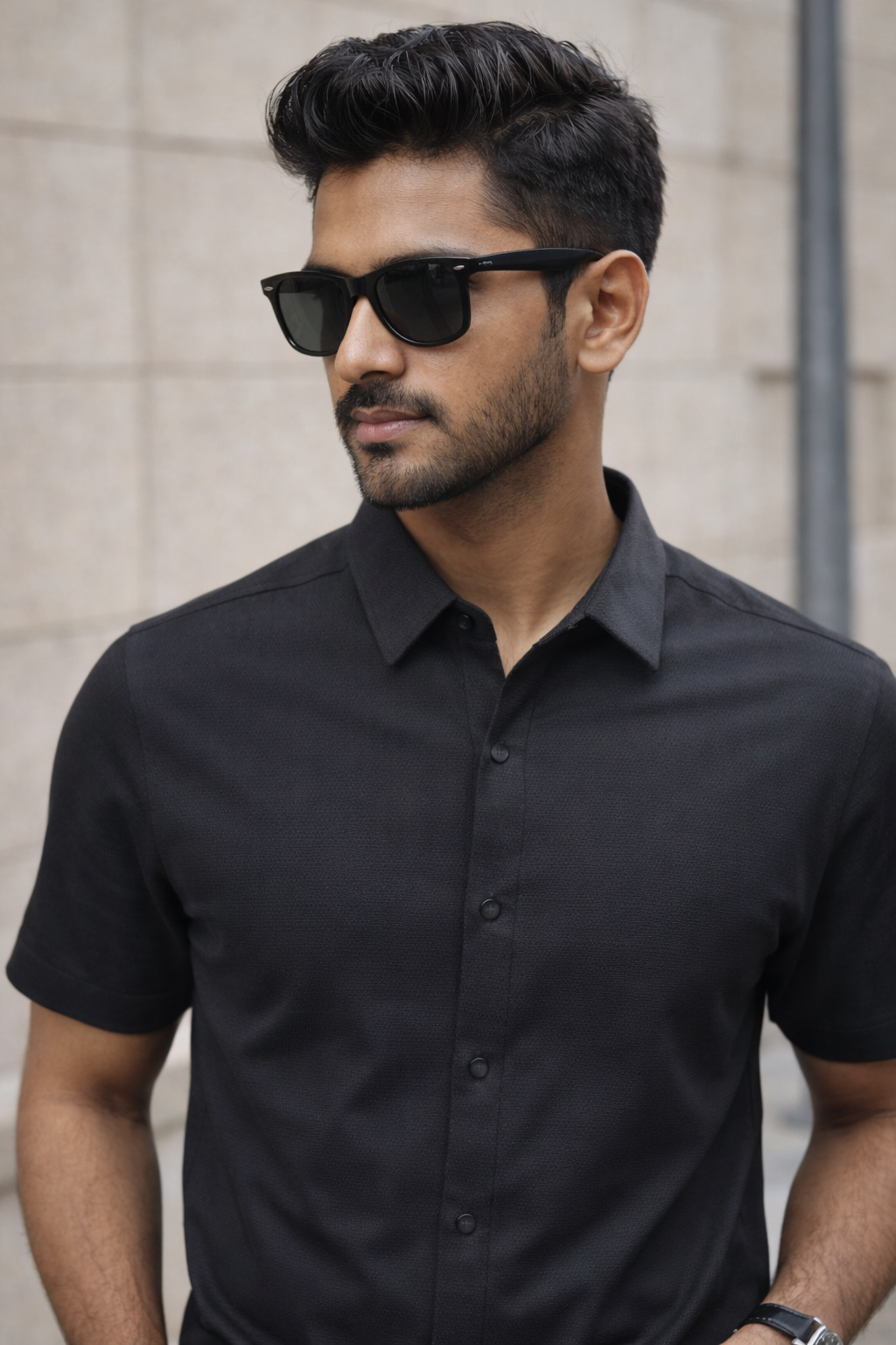 Men's Black Self Design Shirt With Collar