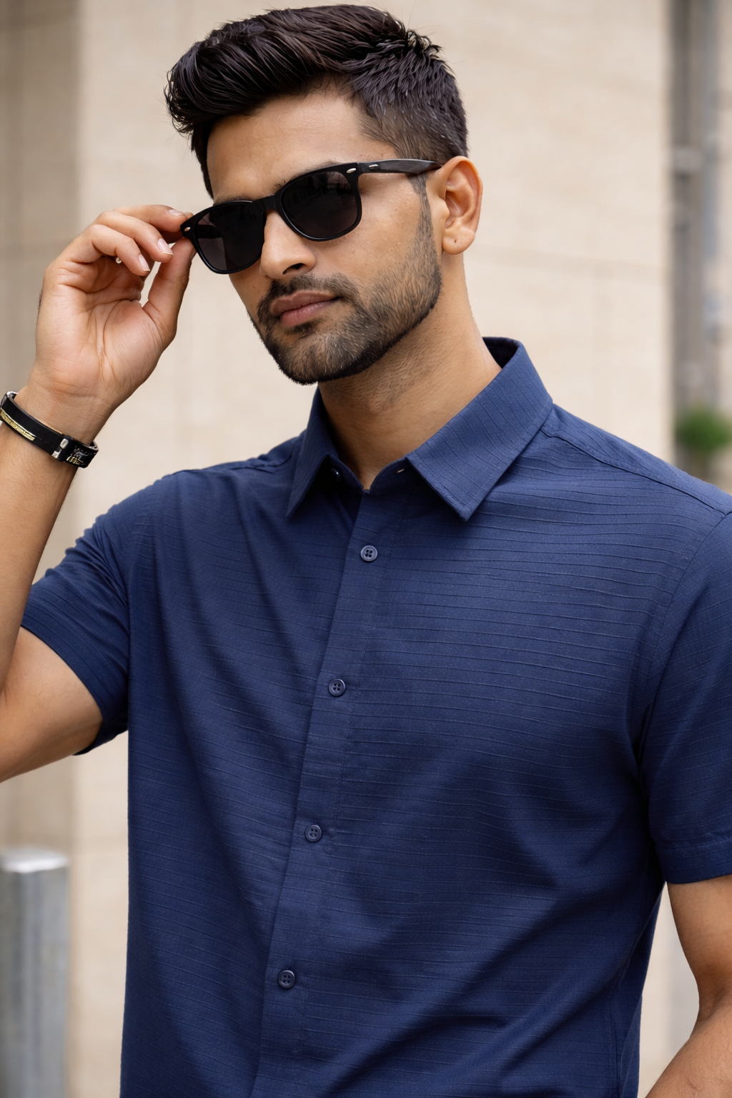 Men's Navy Self Design Shirt With Collar