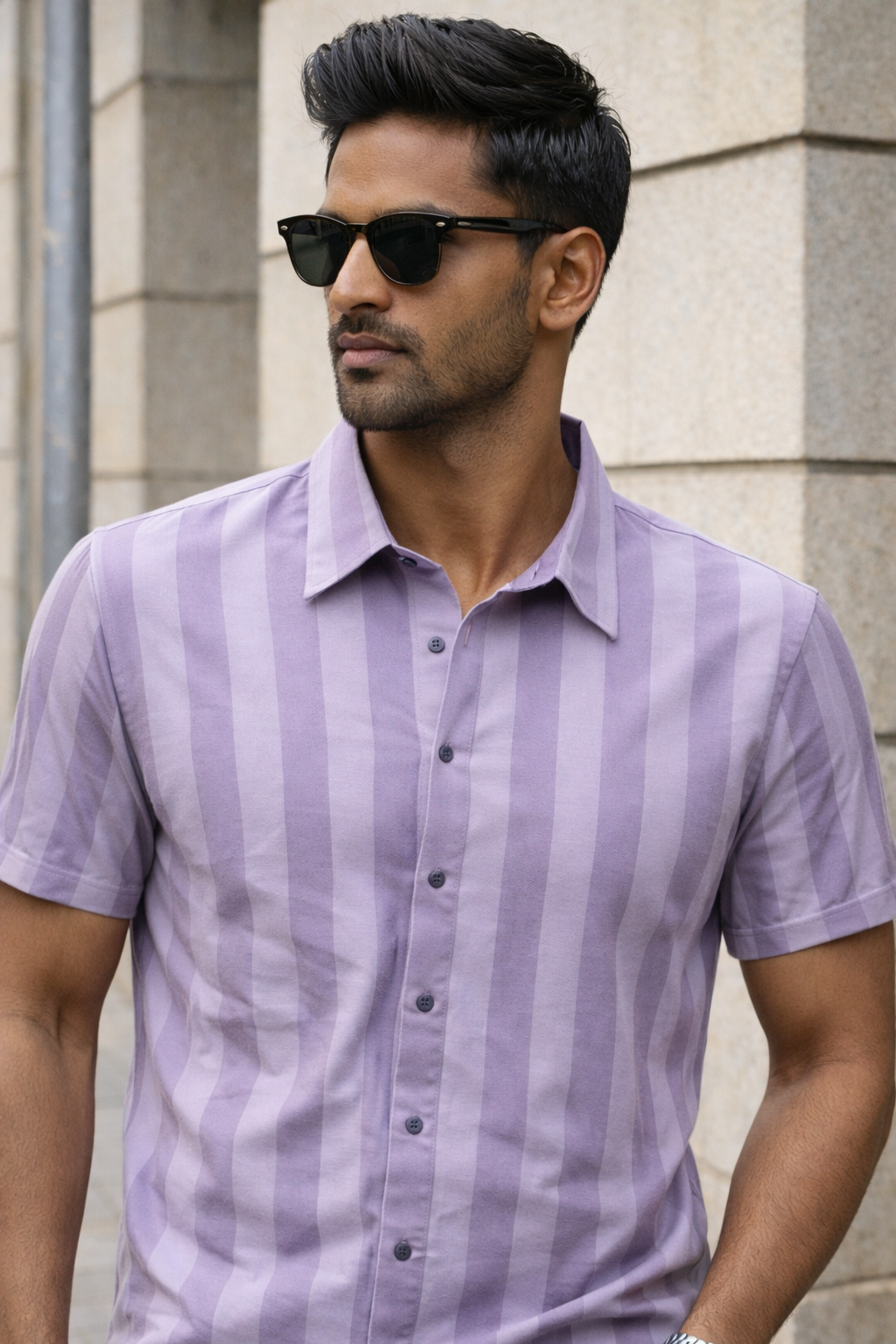 Men's Lavender Self Design Shirt With Collar