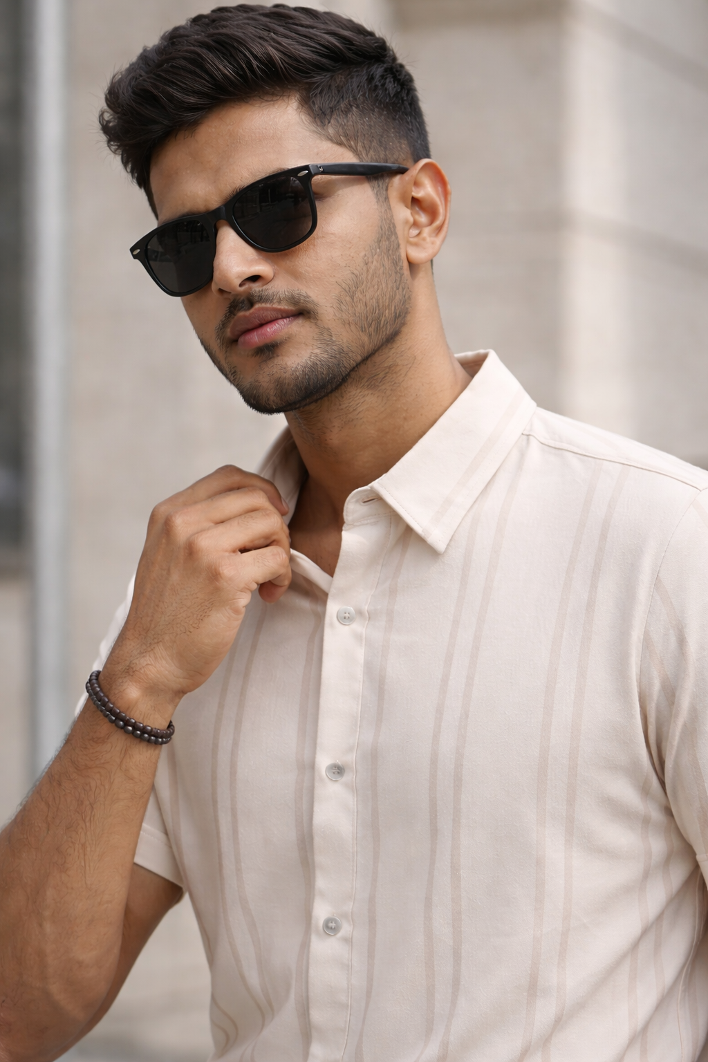 Men's Beige Self Design Shirt With Collar