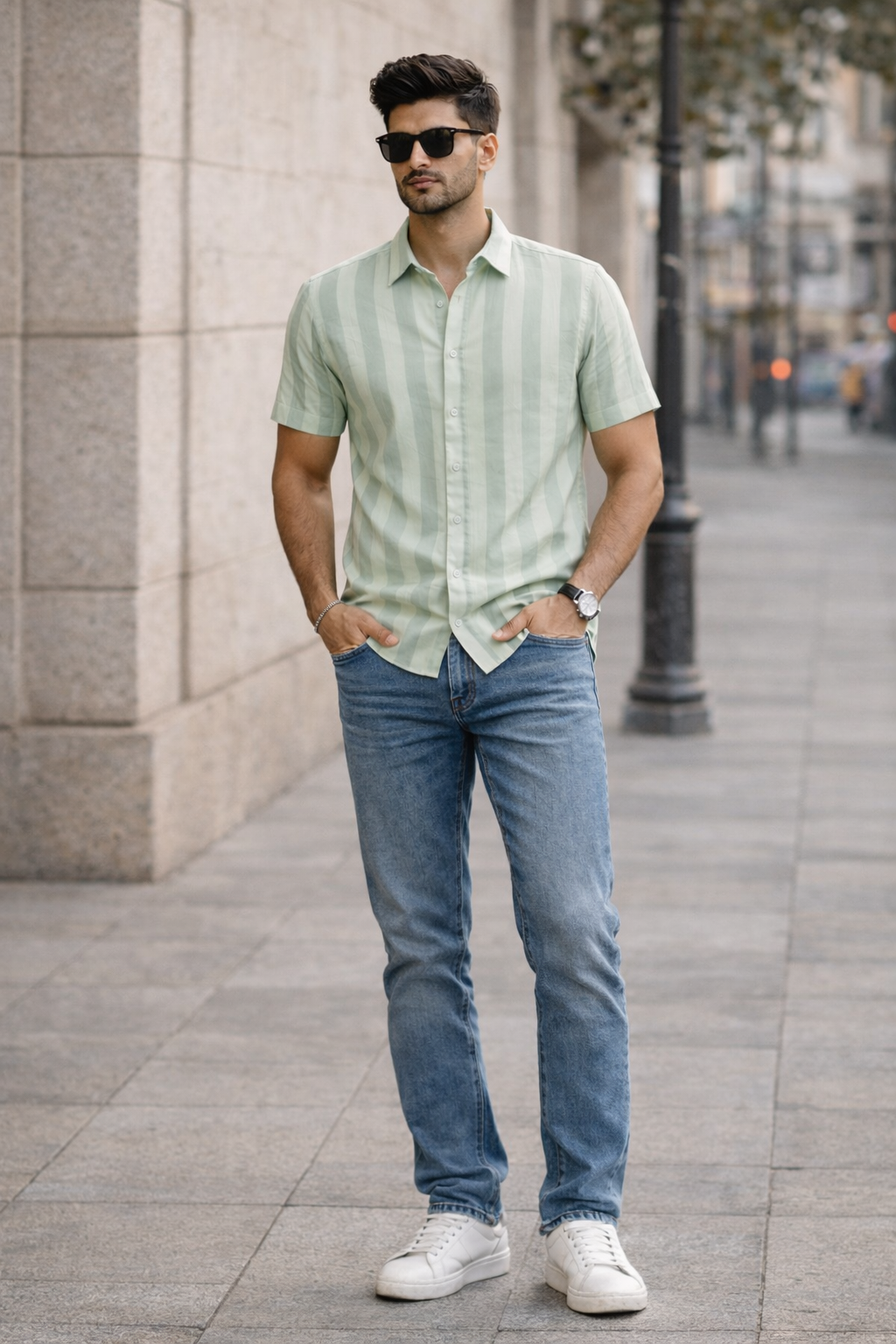 Men's Green Self Design Shirt With Collar