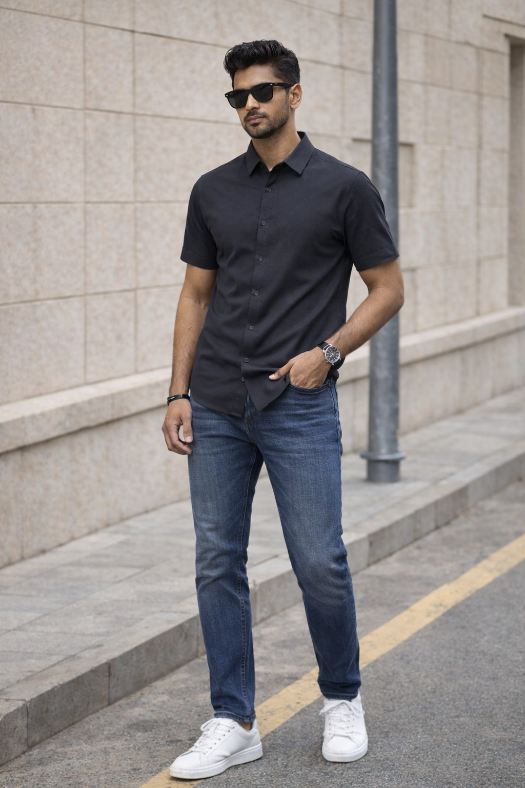 Men's Black Self Design Shirt With Collar