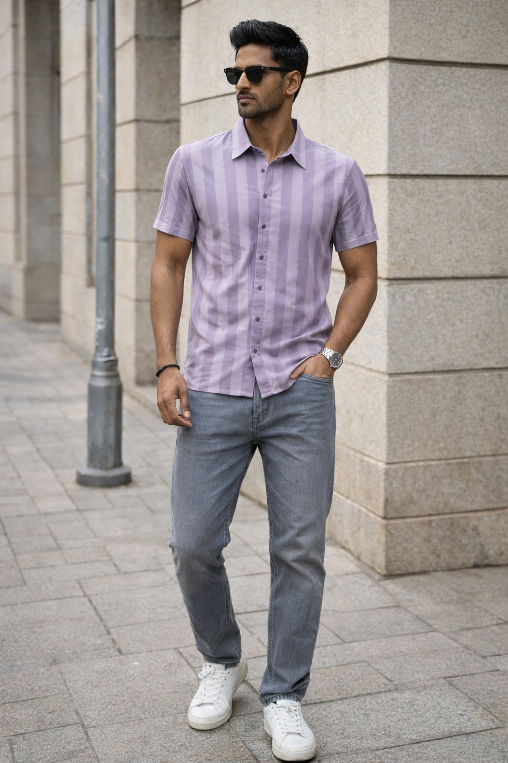 Men's Lavender Self Design Shirt With Collar