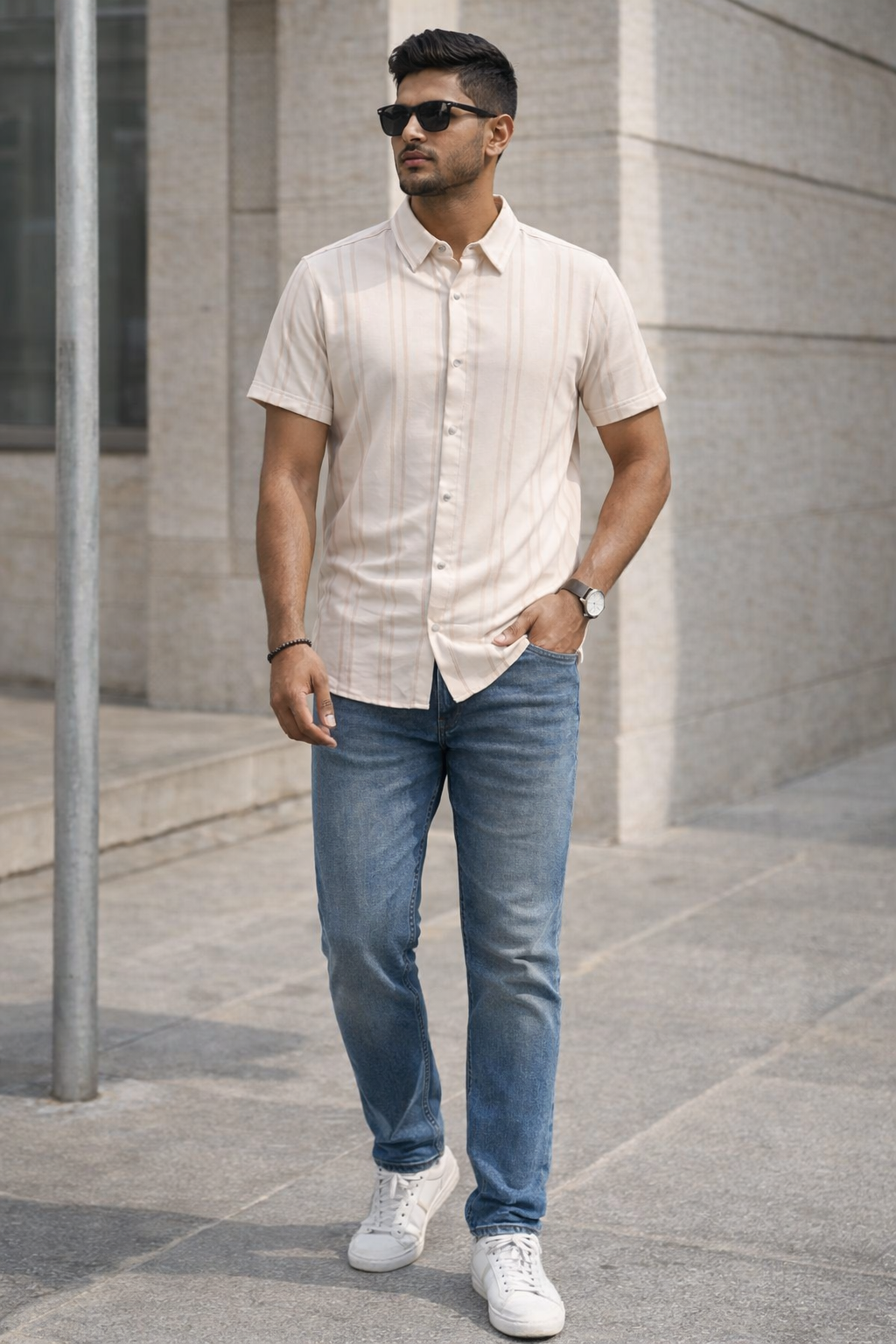 Men's Beige Self Design Shirt With Collar