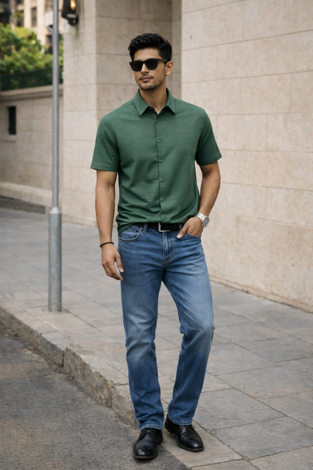 Men's Green Self Design Shirt With Collar