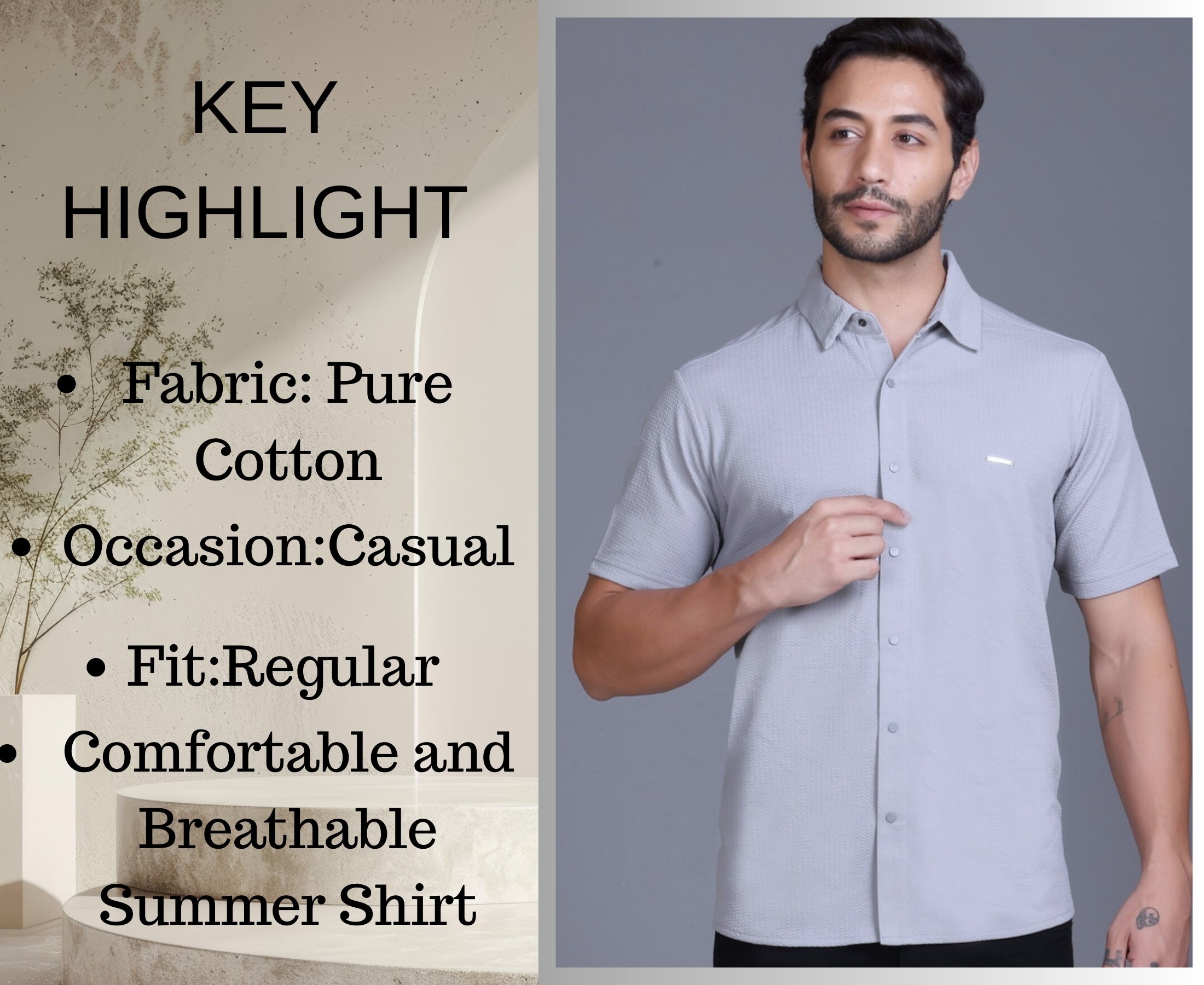 Men Cotton Shirt Light Grey