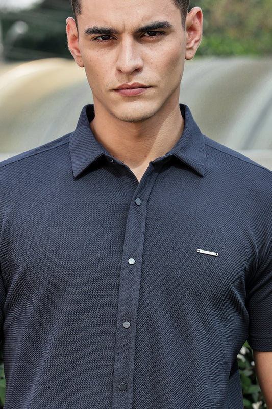 Men's Dark Grey Self Design Shirt With Collar