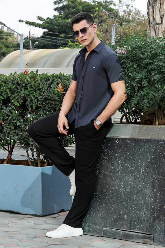 Men's Dark Grey Self Design Shirt With Collar