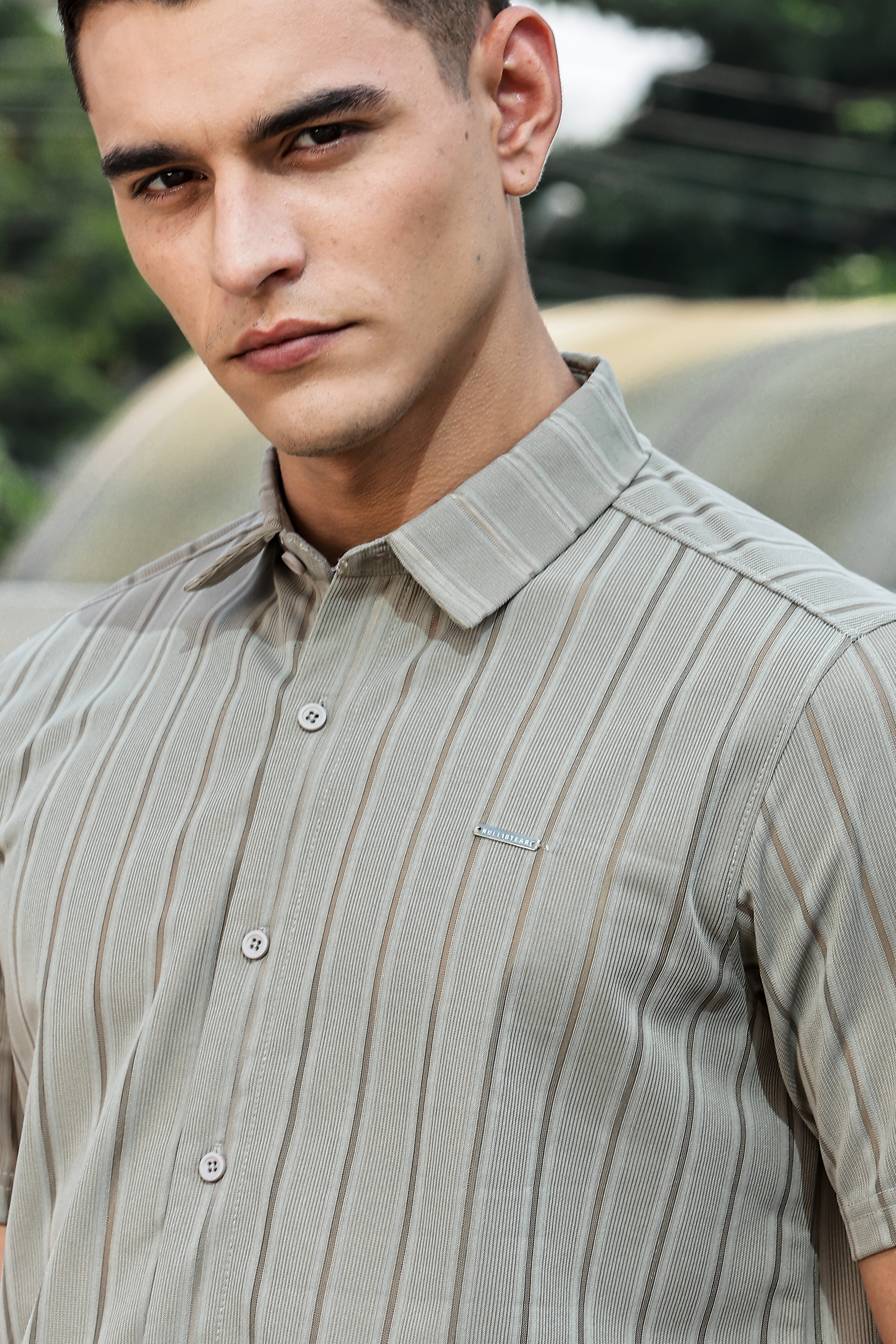 Men's Grey Self Design Shirt With Collar