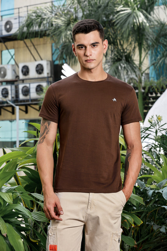 Men's Olive Self Design Round Neck T-Shirt