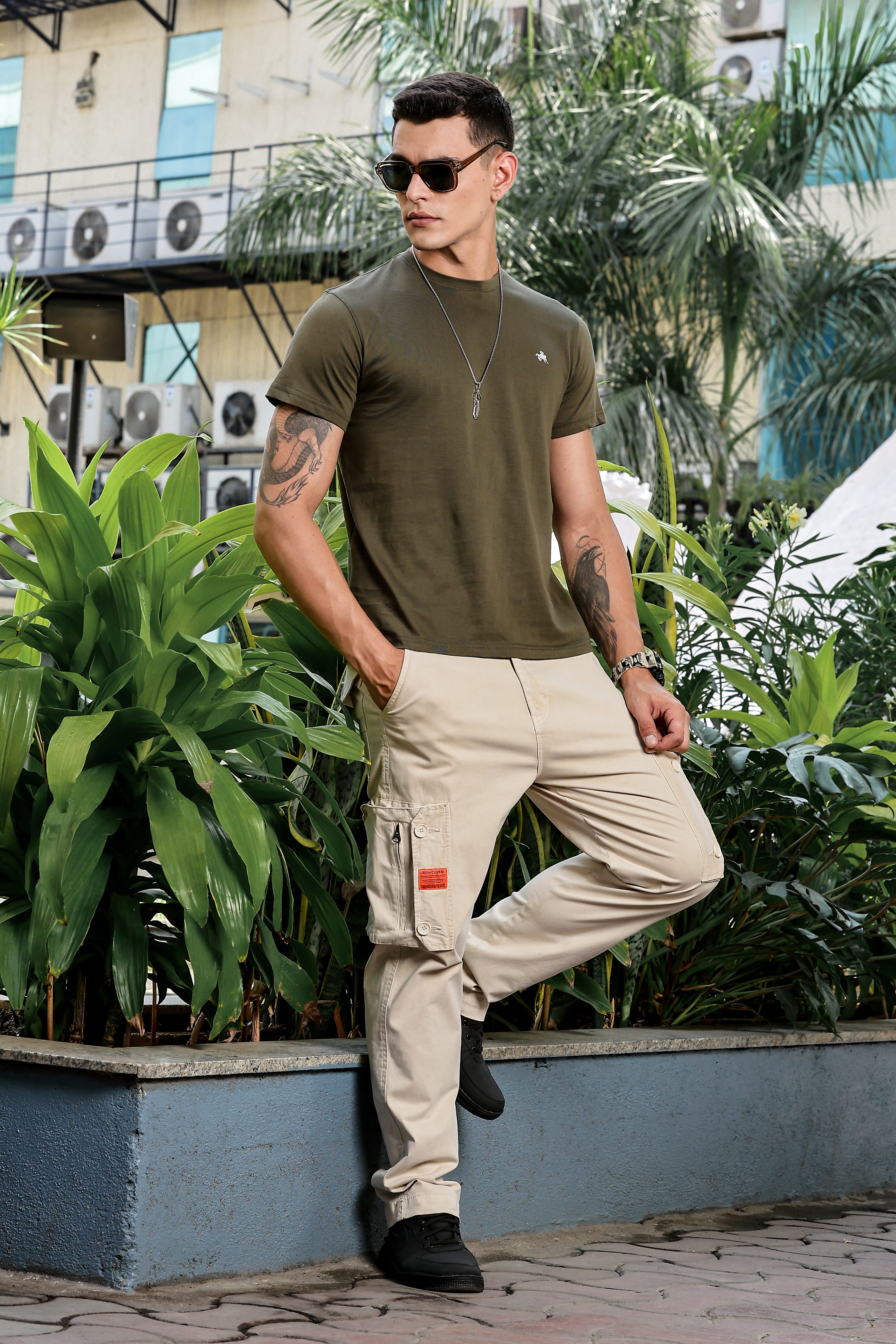 Men's Olive Self Design Round Neck T-Shirt